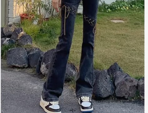 辣妹绑带高腰微喇叭牛仔裤女开叉新款chic...