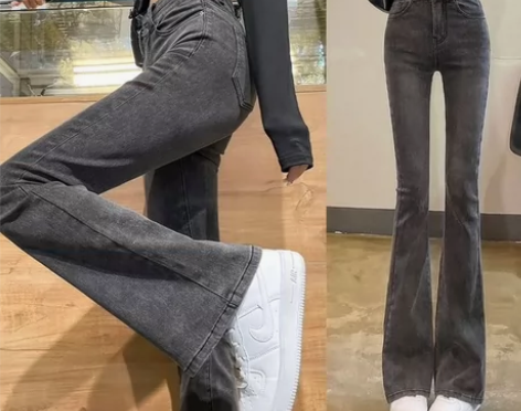 #换季穿新衣 大码胖mm烟灰色牛仔裤女弹力...
