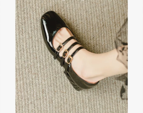 半曲漆皮法式玛丽珍鞋女复古2022新款方头...