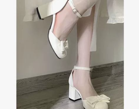 奶油白蝴蝶结玛丽珍鞋新款粗跟一字扣复古法式...