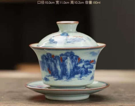 老陶泥青花瓷开片中式三才盖碗陶瓷泡茶杯可养...