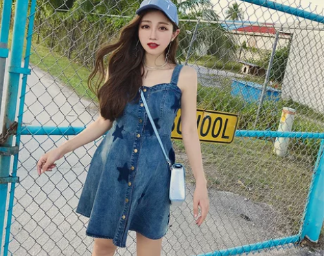 Q女家 牛仔裙女夏2017新款女装韩版背带...