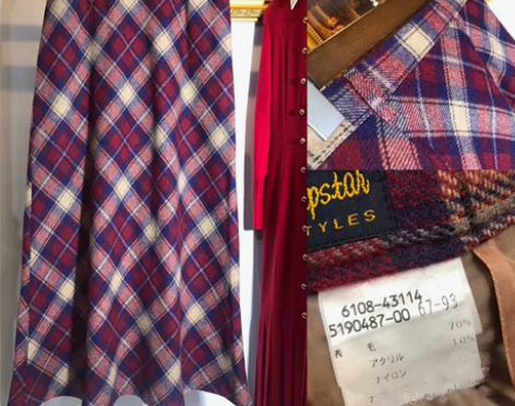 超长复古港风格子古着裙子vintage高腰...