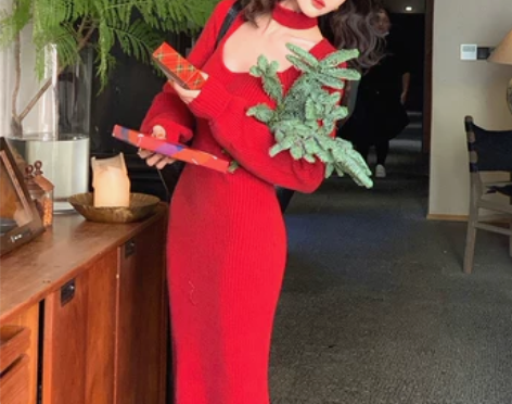 酒午港风复古加厚围脖设计V领针织连衣裙高腰...