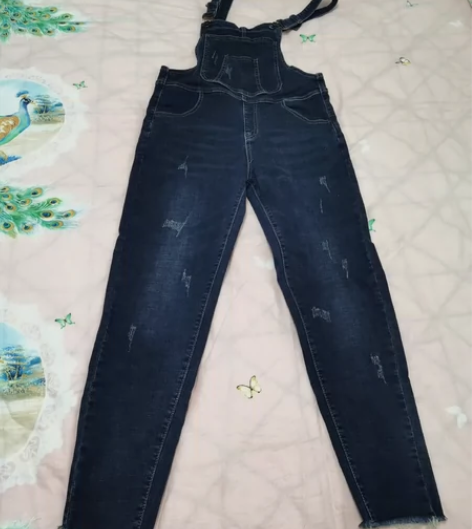 嬉皮少女 高腰背带牛仔裤女春新款可翻边小脚...