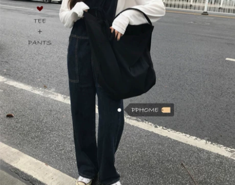 休闲上课LOOK~深蓝色复古明线背带牛仔裤...