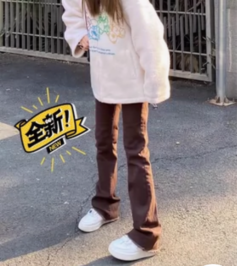 美式棕色毛边弹力喇叭裤高腰显瘦休闲百搭牛仔...