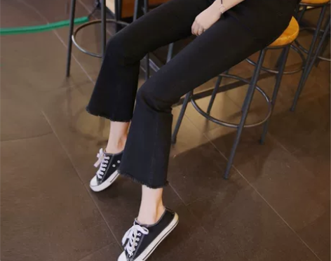 微喇叭牛仔裤女九分裤高腰显瘦垂感阔腿黑色 ...
