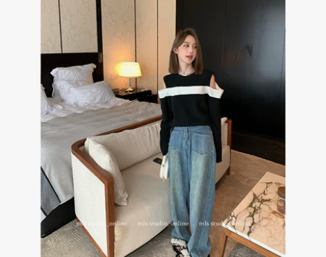 MLS 高腰阔腿牛仔裤女2022年新款秋季...