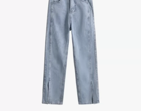 浅色高腰开叉直筒牛仔裤女设计感宽松阔腿长裤...