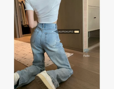 水洗蓝色牛仔裤女春季新款高腰直筒裤宽松显瘦...