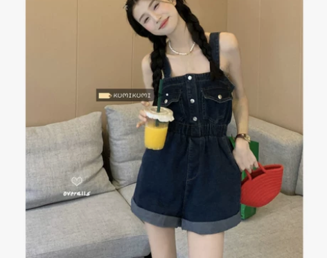 复古气质牛仔裤工装吊带连体裤女装夏季小个子...
