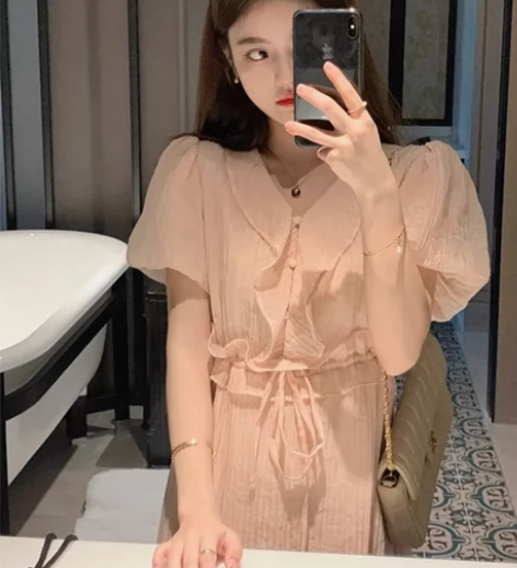 荷叶边v领连衣裙温柔仙女裙子长款女夏150...