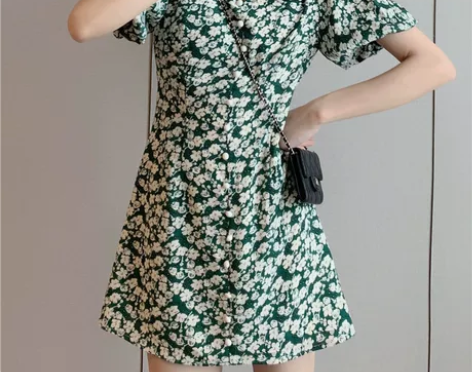 楚楚 绿色碎花连衣裙女夏新款收腰显瘦气质…...
