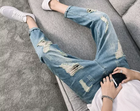 秋季学生破洞九分牛仔裤修身韩版潮流男士9分...