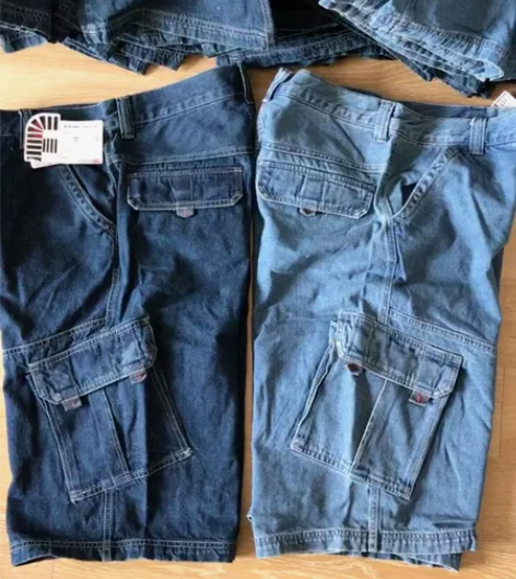 全新牛仔工装短裤 浅蓝色牛仔男装多口袋宽松...