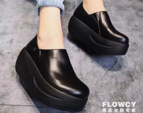 2023春秋防水台乐福鞋一脚蹬增高真牛皮单...