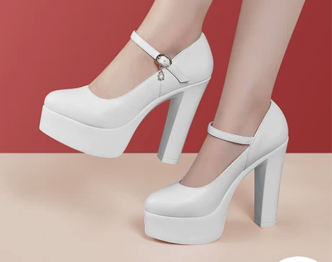 牛皮卷13cm超高跟尖头鞋粗跟高跟鞋防水台...