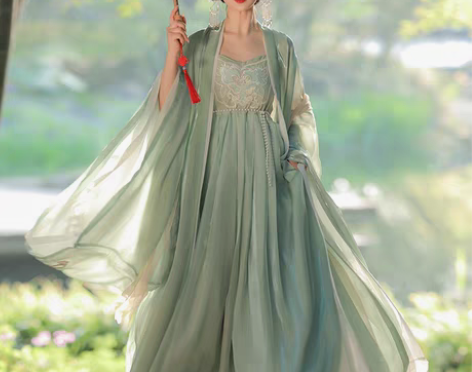 转卖爆款唐制原创汉服女诃子裙古装绿色广袖流...