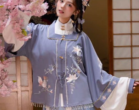 包邮清梳原创松连枝汉服女明制方领半袖刺绣春...