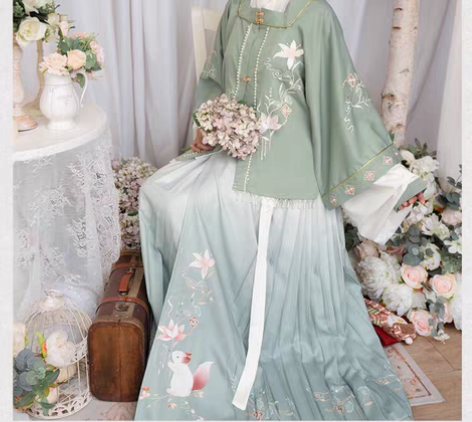 包邮清梳原创松连枝汉服女明制方领半袖刺绣百...