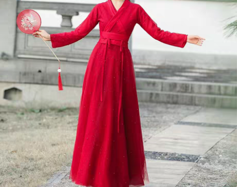 转卖大红色汉服女古风飘逸改良版连衣裙中国风...