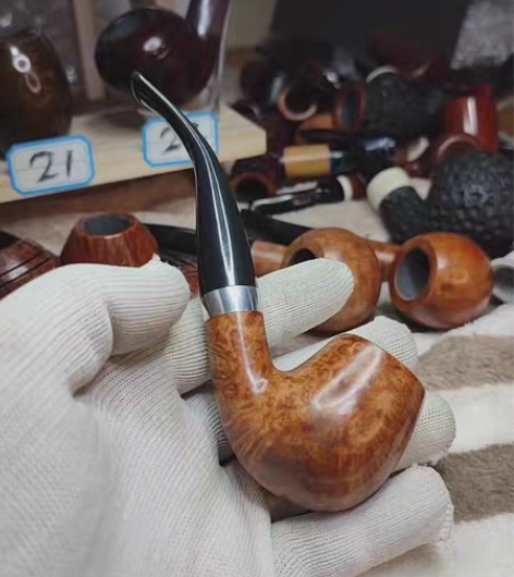 包邮全新石楠木烟斗经典光面蛋弯斗，深栗色染...