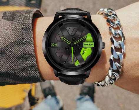 包邮三达新款潮流炫酷车轮表个性镂空表盘男士...