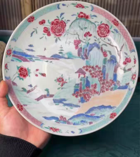 清早·清雍正粉彩“雍粉花卉山水纹大盘”口径...