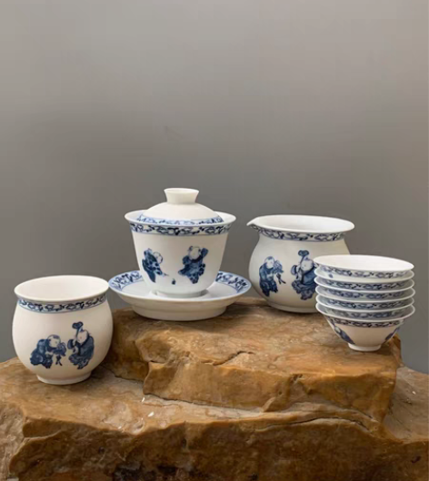 包邮台湾定制正德堂哑光仿古青花童子盖碗＋公...