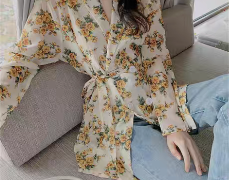 转卖碎花西装外套女长袖雪纺衬衫设计感小众韩...