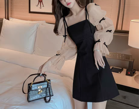 转卖轻奢名媛网纱拼接长袖连衣裙女春装法式减...
