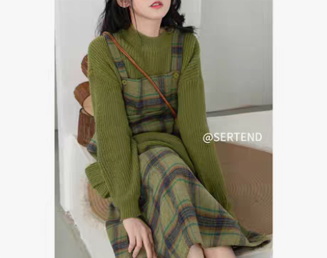 转卖SERTEND韩版格子背带裙两件套秋冬...