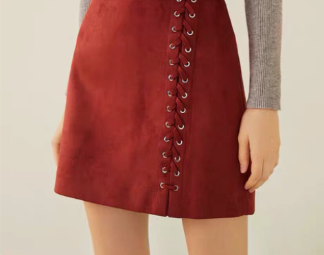 包邮拉夏贝尔正品，冬装正品砖红色麂皮绒半身...