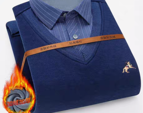 包邮南极人假两件毛衣男衬衫领秋冬季加绒加厚...