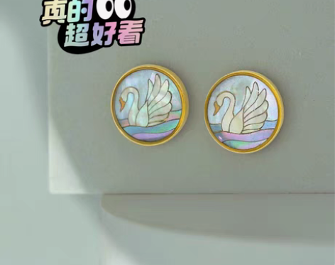包邮天鹅之梦|全新手工制作螺钿工艺贝母耳钉...
