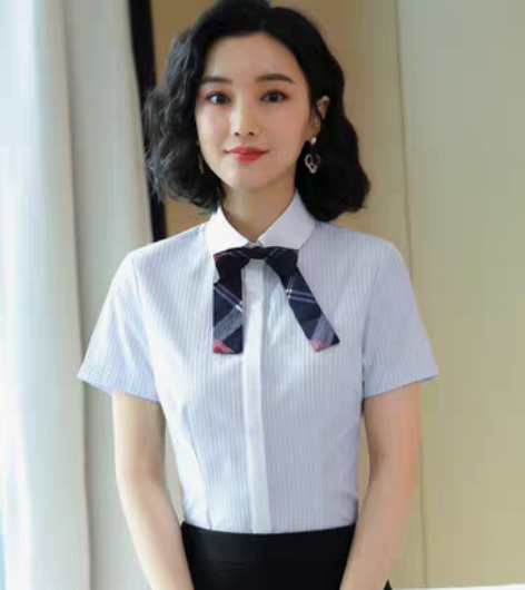 包邮职业条纹棉白领短袖衬衫女款LLY-06...