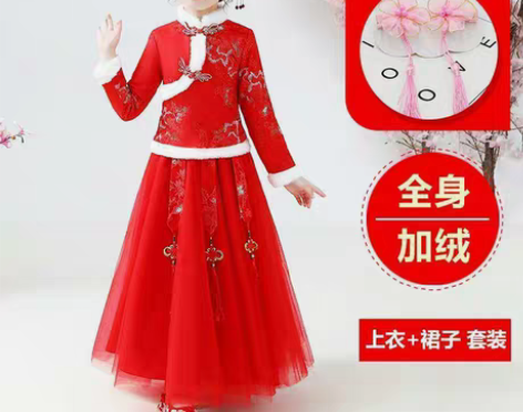 包邮汉服女童冬季儿童古装超仙唐装中国风加绒...