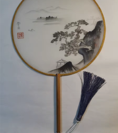 包邮传统水墨国画山水团扇,直径24厘米,带...