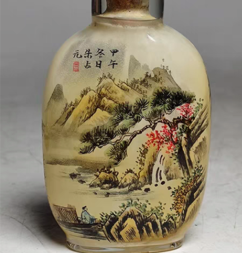 包邮旧藏名家朱占元，手绘水晶内画山水风景鼻...