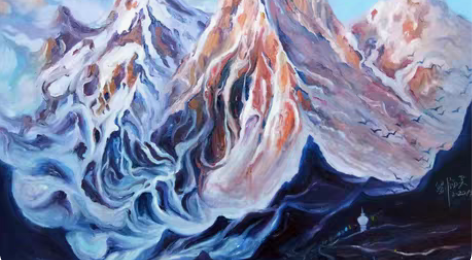 油画一幅喜欢的来 藏地写生，雪山之下，佛塔...