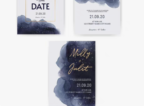 皇家蓝色水彩泼墨婚礼邀请函请帖梦幻星空纹理...