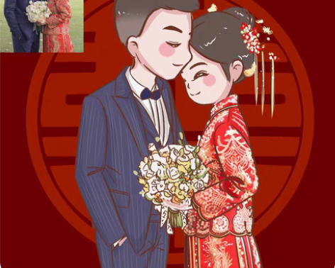 包邮秀禾服卡通婚礼纪｜情侣手绘｜中式请柬卡...