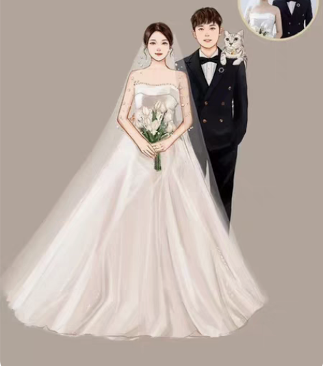 包邮水彩复古风情侣结婚真人头像照片写实漫画...