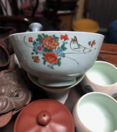 包邮民国贴花花鸟细瓷碗。底款不清。 【尺寸...