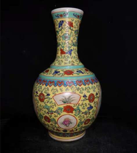 包邮古董旧货清手绘珐琅彩开窗花鸟花瓶赏瓶旧...