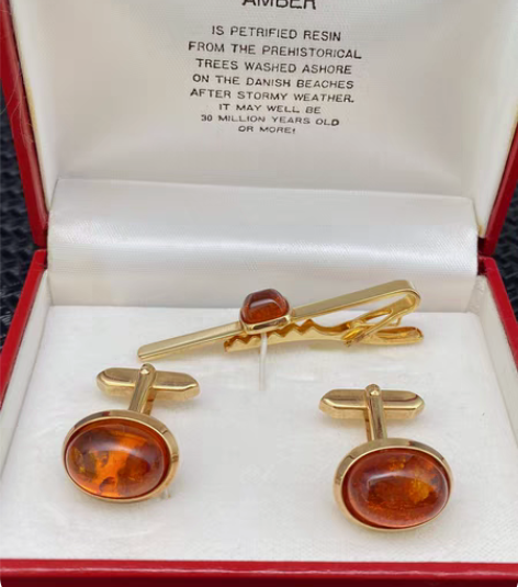 丹麦镶嵌琥珀袖扣 天然镶嵌琥珀袖扣套装， ...