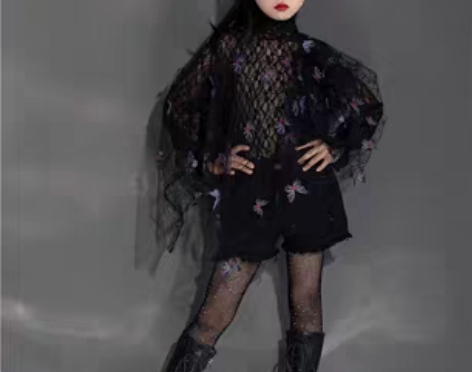 转卖女童蕾丝蝴蝶网纱套装黑色潮服T台走秀个...