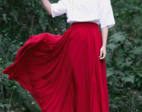 转卖原创自制春秋森女文艺棉麻大摆裙红色半身...