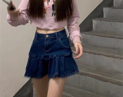 千禧辣妹牛仔百褶半身裙女小个子夏韩版高腰显...